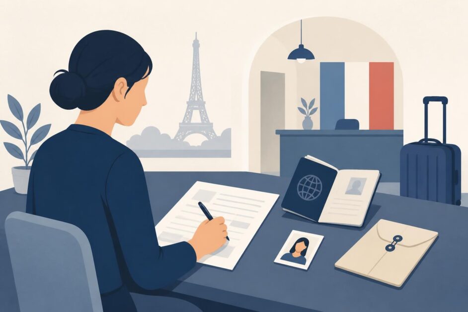 Persona organiza pasaporte, formulario y documentos para solicitar una visa de viaje a Francia.
