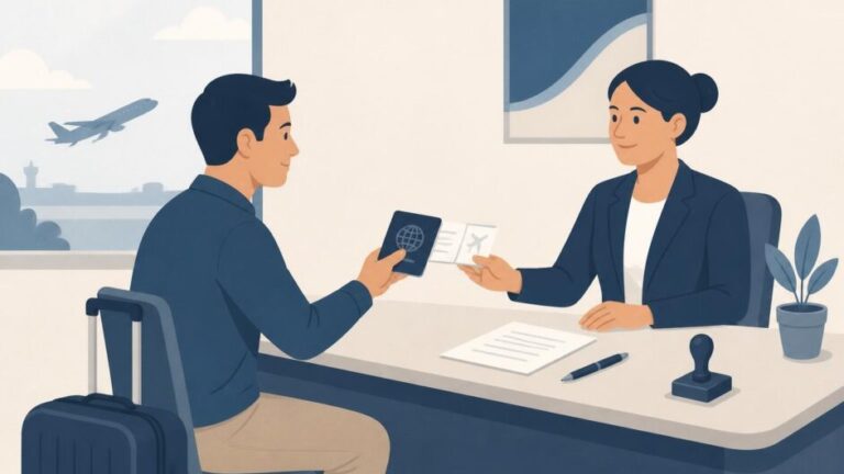 Persona con maleta entrega pasaporte y boleto a una agente en una oficina de seguros.