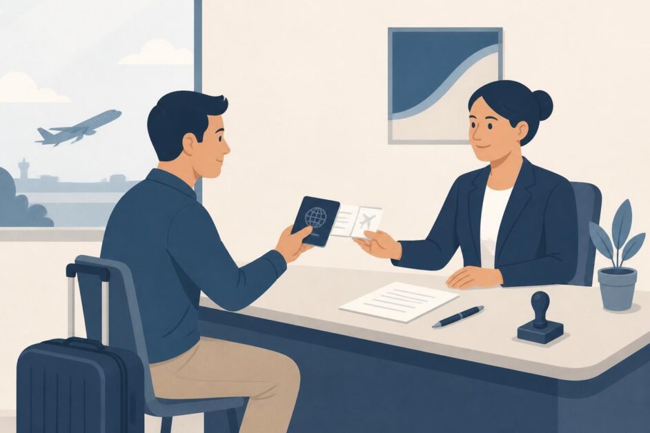 Persona con maleta entrega pasaporte y boleto a una agente en una oficina de seguros.