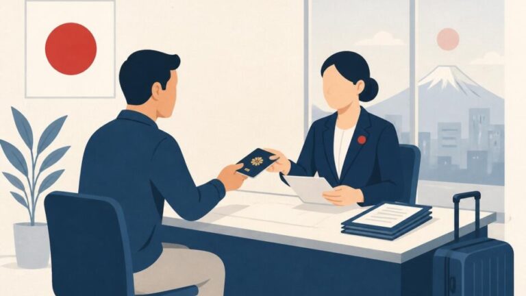 Solicitante entrega pasaporte y documentos a un funcionario en una oficina consular, con una maleta junto al escritorio.