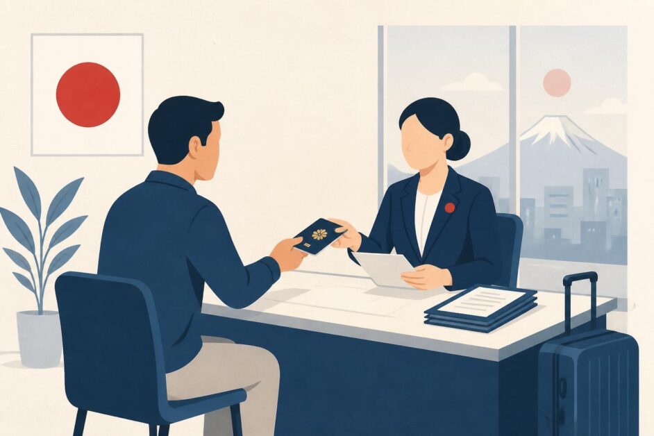 Solicitante entrega pasaporte y documentos a un funcionario en una oficina consular, con una maleta junto al escritorio.