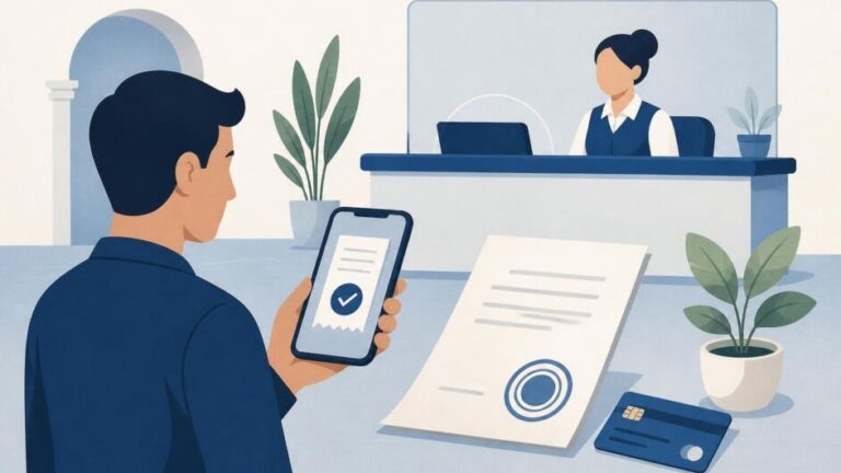 Persona usa un teléfono para pagar un documento público en un mostrador de atención.
