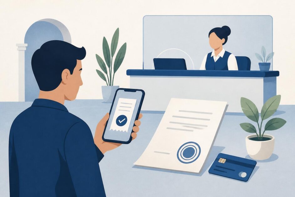 Persona usa un teléfono para pagar un documento público en un mostrador de atención.