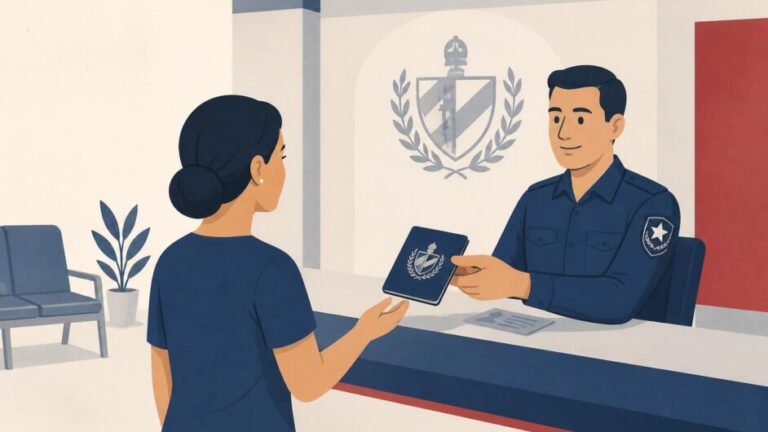 Persona recibe un pasaporte en un mostrador de una oficina de trámites cubana.
