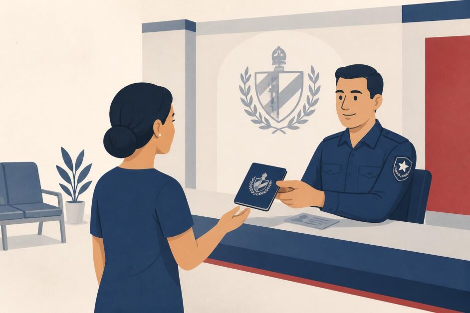 Persona recibe un pasaporte en un mostrador de una oficina de trámites cubana.