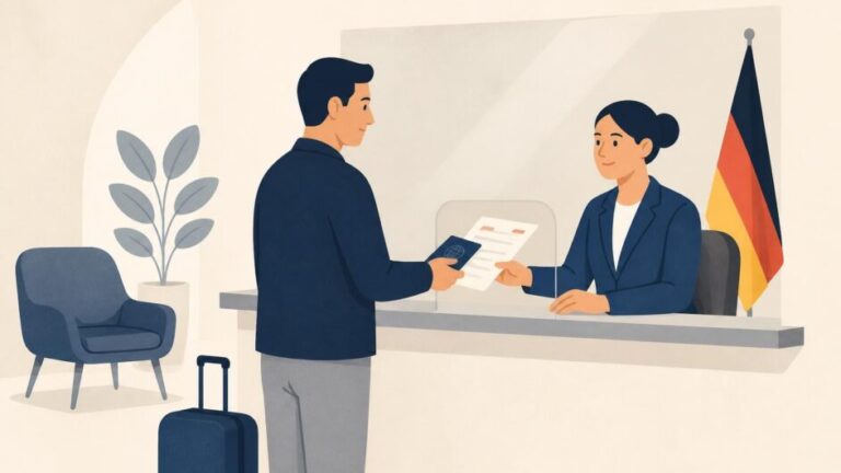 Solicitante entrega pasaporte y documentos en una ventanilla consular alemana.
