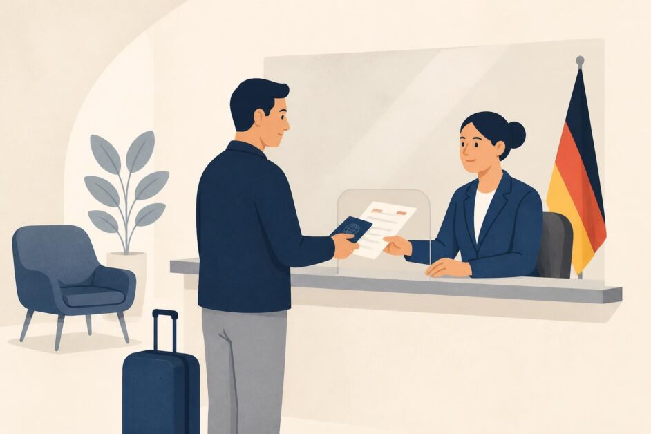 Solicitante entrega pasaporte y documentos en una ventanilla consular alemana.