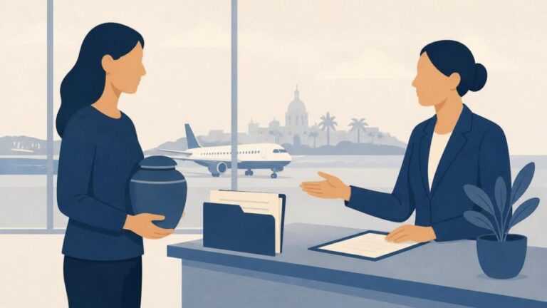 Familiar con una urna sellada y documentos recibe orientación en un consulado, con un avión al fondo.