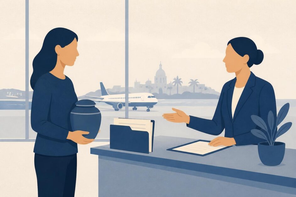 Familiar con una urna sellada y documentos recibe orientación en un consulado, con un avión al fondo.