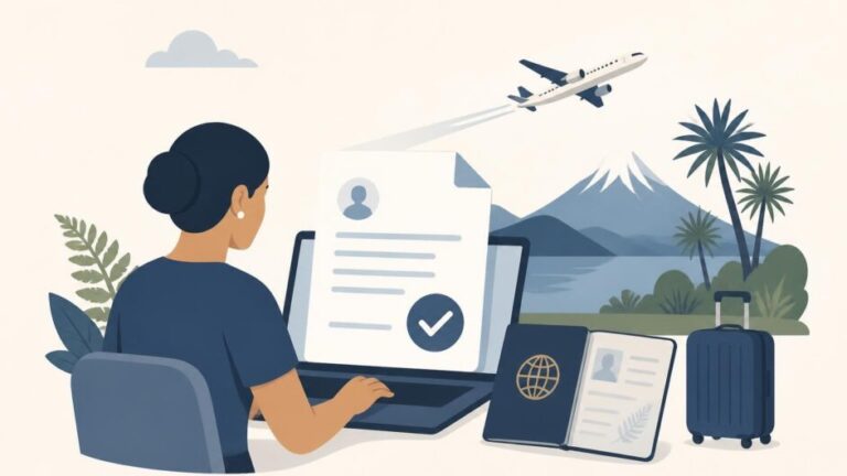 Viajero prepara en una computadora la solicitud de visa con pasaporte y maleta, frente a un paisaje de Nueva Zelanda.