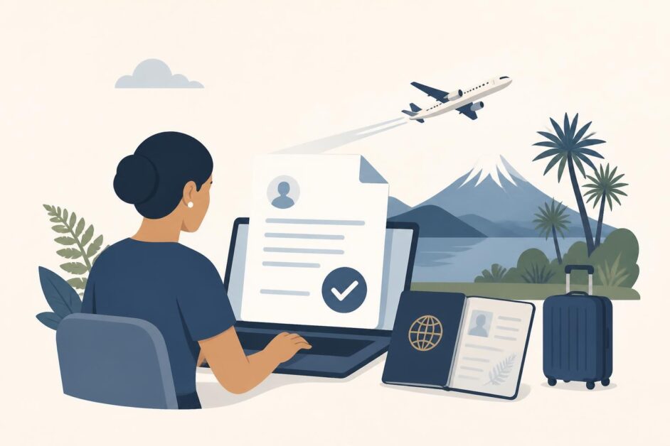 Viajero prepara en una computadora la solicitud de visa con pasaporte y maleta, frente a un paisaje de Nueva Zelanda.