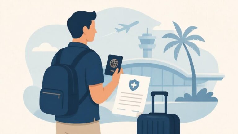 Viajero con pasaporte, maleta y póliza médica frente a una terminal aérea tropical.