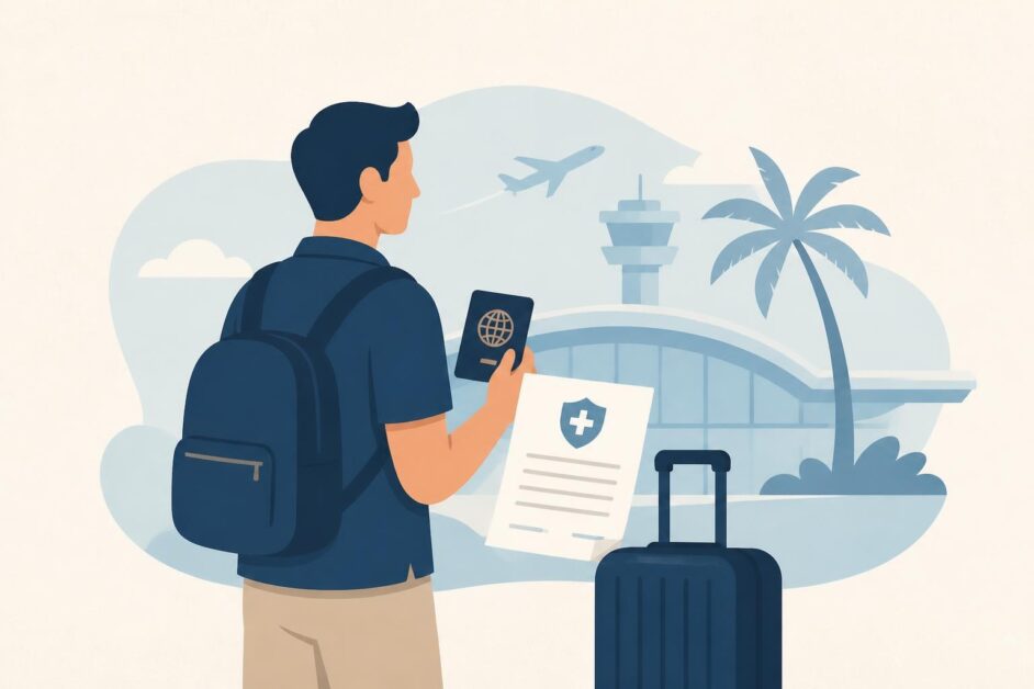 Viajero con pasaporte, maleta y póliza médica frente a una terminal aérea tropical.