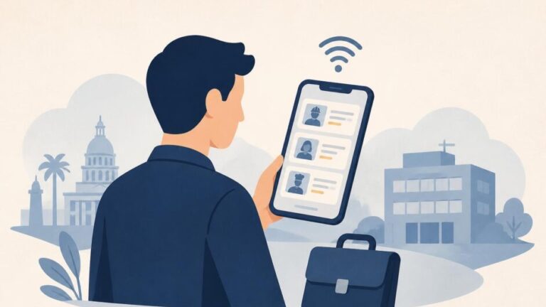 Persona adulta consulta vacantes laborales en un teléfono junto a un maletín y una ciudad estilizada.