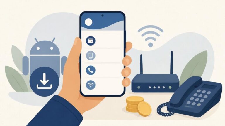 Persona usa un teléfono Android junto a un router doméstico y un teléfono fijo para gestionar servicios de telecomunicaciones.