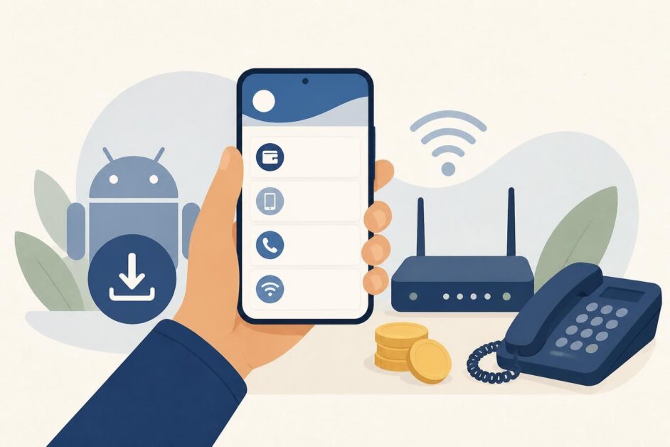 Persona usa un teléfono Android junto a un router doméstico y un teléfono fijo para gestionar servicios de telecomunicaciones.