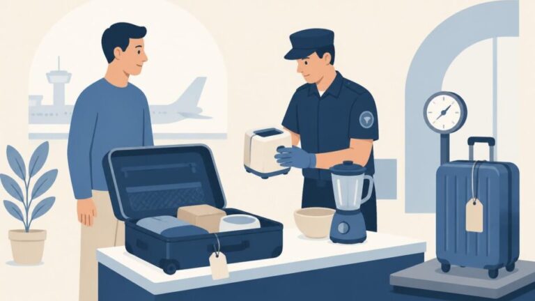 Pasajero con maleta abierta ante un agente de aduana en una terminal de llegadas.