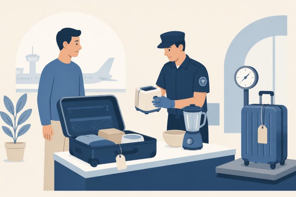 Pasajero con maleta abierta ante un agente de aduana en una terminal de llegadas.
