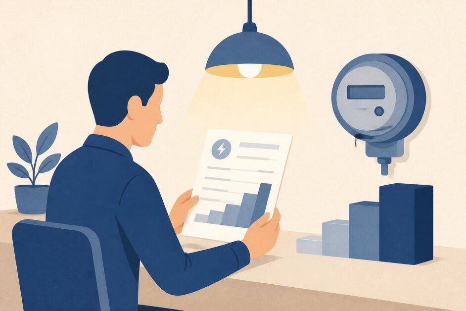 Persona revisa una factura junto a un medidor eléctrico y una lámpara encendida.