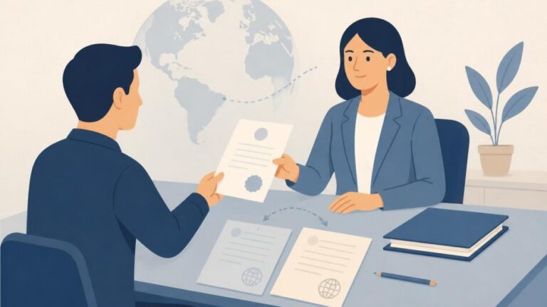 Traductora recibe un documento certificado junto a hojas de traducción y un globo terráqueo.