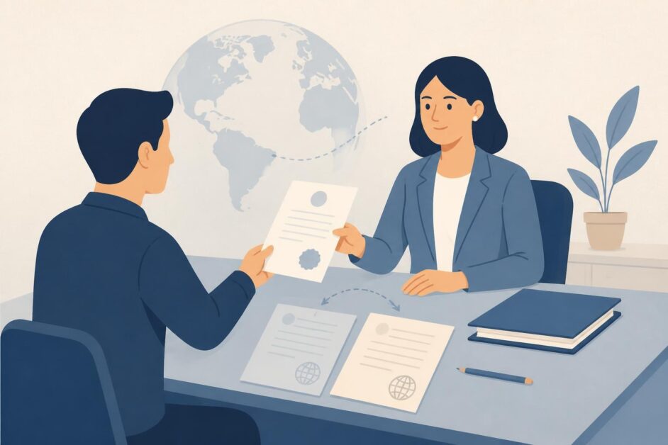 Traductora recibe un documento certificado junto a hojas de traducción y un globo terráqueo.