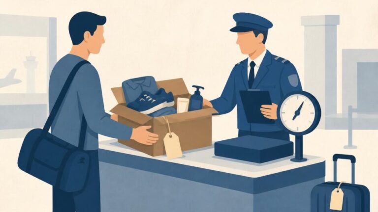 Agente de aduana pesa un bulto con ropa, calzado y productos de aseo ante un viajero.