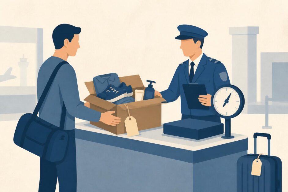 Agente de aduana pesa un bulto con ropa, calzado y productos de aseo ante un viajero.