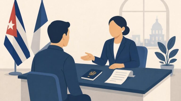 Persona entrega un pasaporte y recibe un comprobante en un mostrador consular cubano.