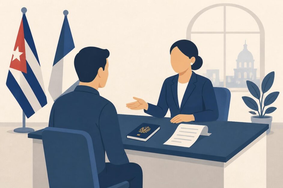 Persona entrega un pasaporte y recibe un comprobante en un mostrador consular cubano.