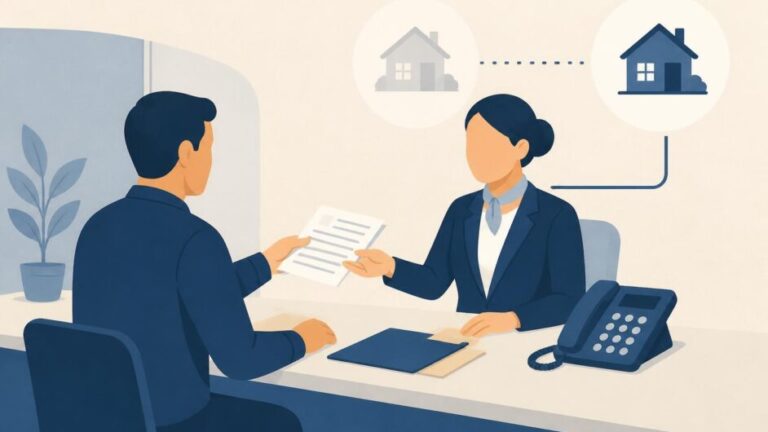 Persona entrega documentos en una oficina para cambiar la titularidad de un teléfono fijo residencial.