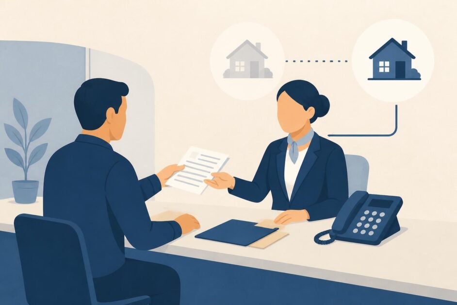 Persona entrega documentos en una oficina para cambiar la titularidad de un teléfono fijo residencial.