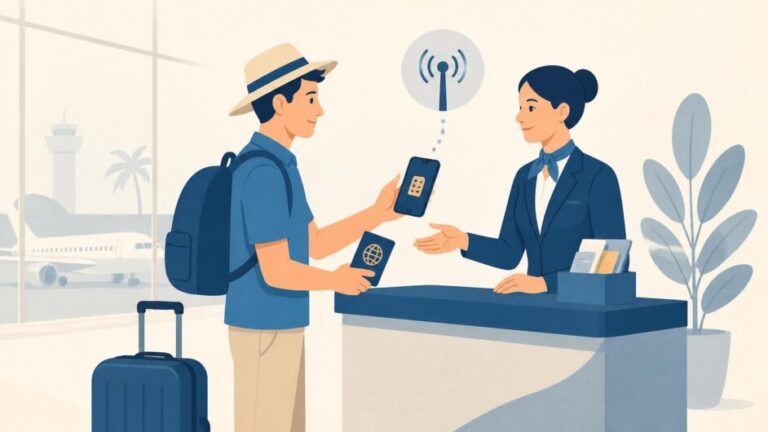 Viajero con pasaporte y maleta recibe una tarjeta SIM y configura su teléfono en un aeropuerto.
