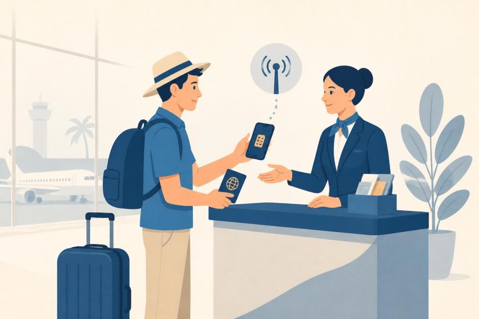 Viajero con pasaporte y maleta recibe una tarjeta SIM y configura su teléfono en un aeropuerto.
