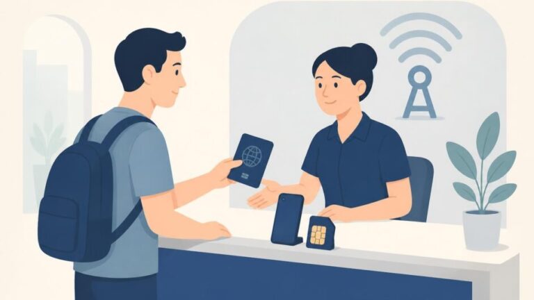 Visitante entrega su pasaporte en un mostrador para recibir una tarjeta SIM y un teléfono móvil.