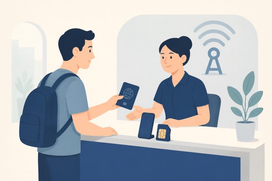 Visitante entrega su pasaporte en un mostrador para recibir una tarjeta SIM y un teléfono móvil.