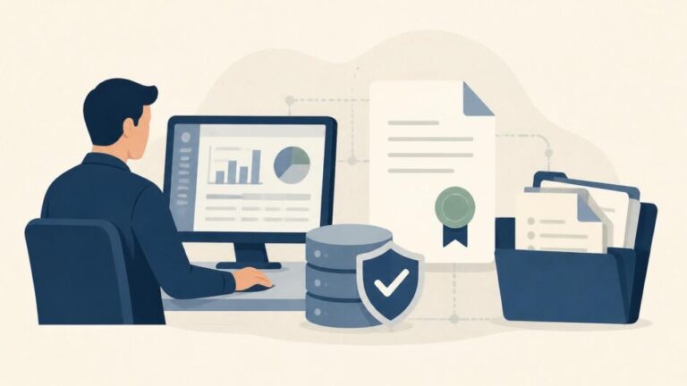 Profesional revisa un sistema contable junto a documentos, una base de datos y un símbolo de seguridad.