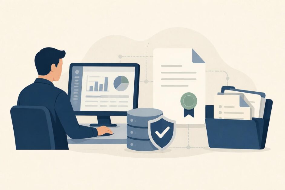 Profesional revisa un sistema contable junto a documentos, una base de datos y un símbolo de seguridad.