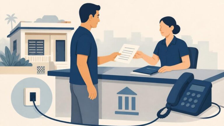 Persona entrega una solicitud en una oficina municipal junto a un teléfono fijo y una vivienda.
