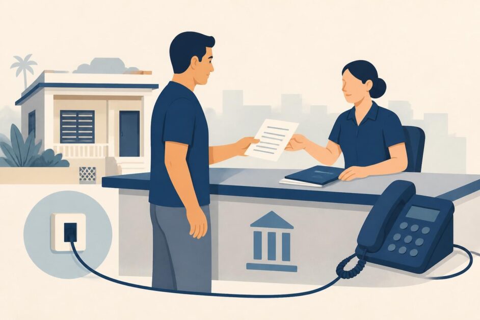Persona entrega una solicitud en una oficina municipal junto a un teléfono fijo y una vivienda.