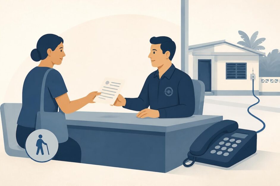 Persona entrega una solicitud institucional para instalar teléfono fijo en una vivienda, con un símbolo de accesibilidad.
