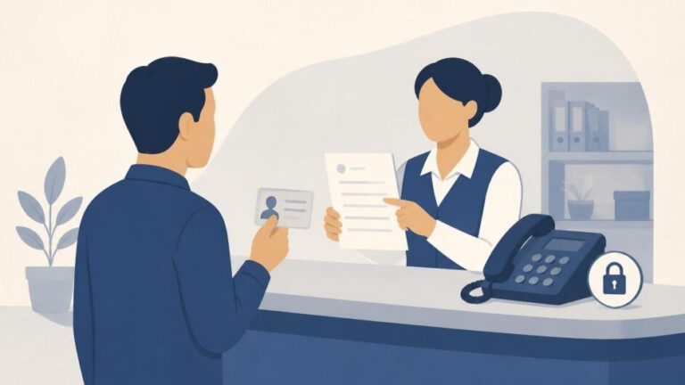 Persona entrega documentos en una oficina para gestionar la privacidad o corrección de datos de su teléfono.