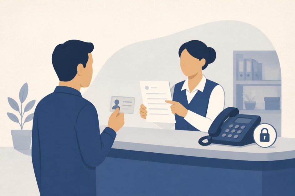 Persona entrega documentos en una oficina para gestionar la privacidad o corrección de datos de su teléfono.