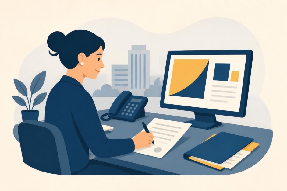 Persona preparando un contrato publicitario con teléfono, documentos y computadora en una oficina.