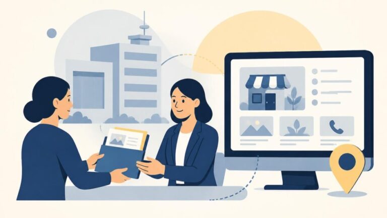 Emprendedora gestiona con una asesora la creación de una página comercial en un directorio digital.