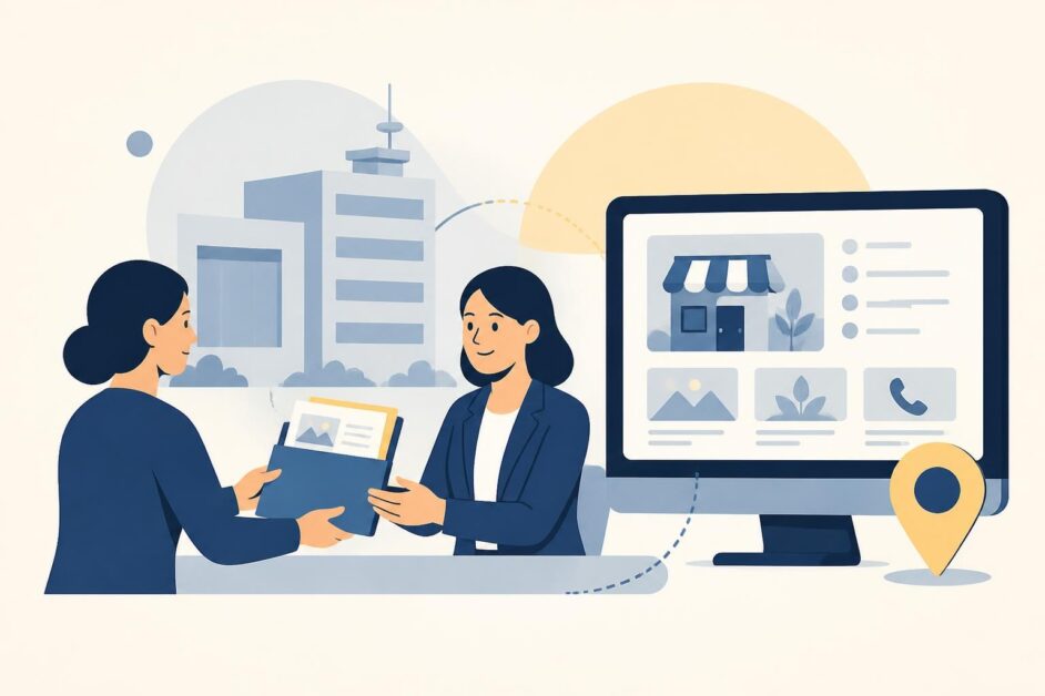Emprendedora gestiona con una asesora la creación de una página comercial en un directorio digital.