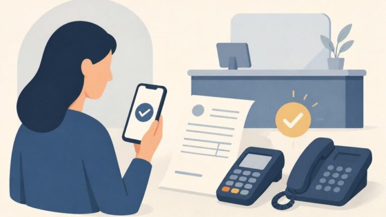 Persona paga una factura telefónica con un móvil junto a un teléfono fijo y un terminal de pago.