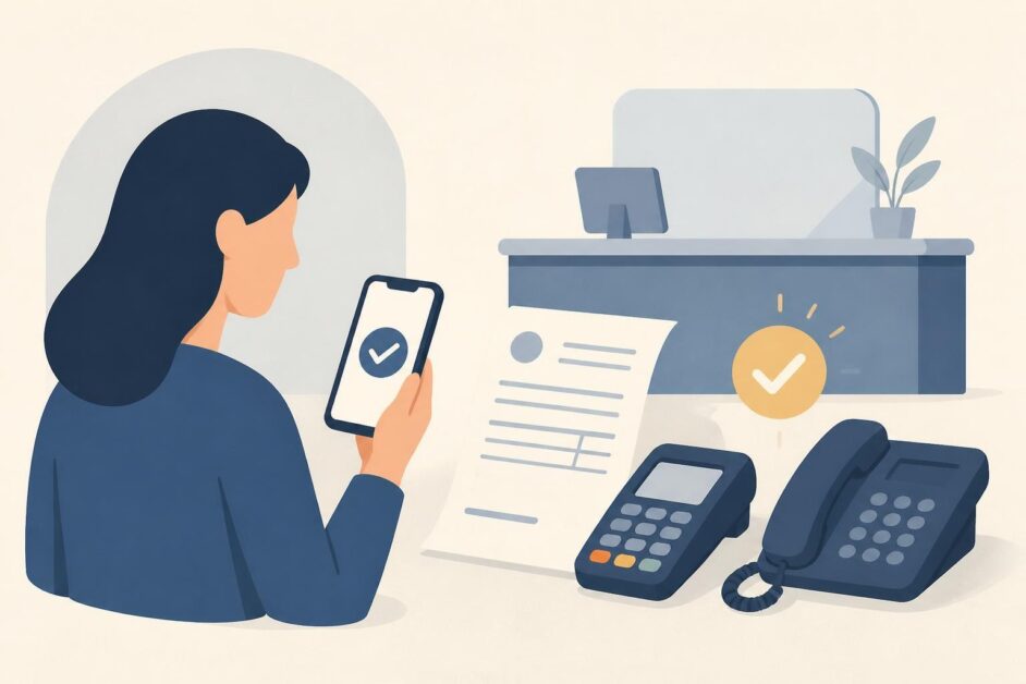Persona paga una factura telefónica con un móvil junto a un teléfono fijo y un terminal de pago.