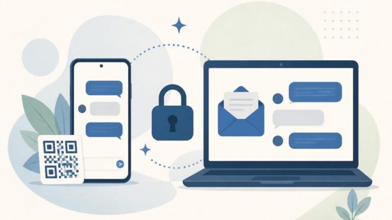Teléfono y computadora conectados mediante mensajes protegidos con un candado y un código QR.