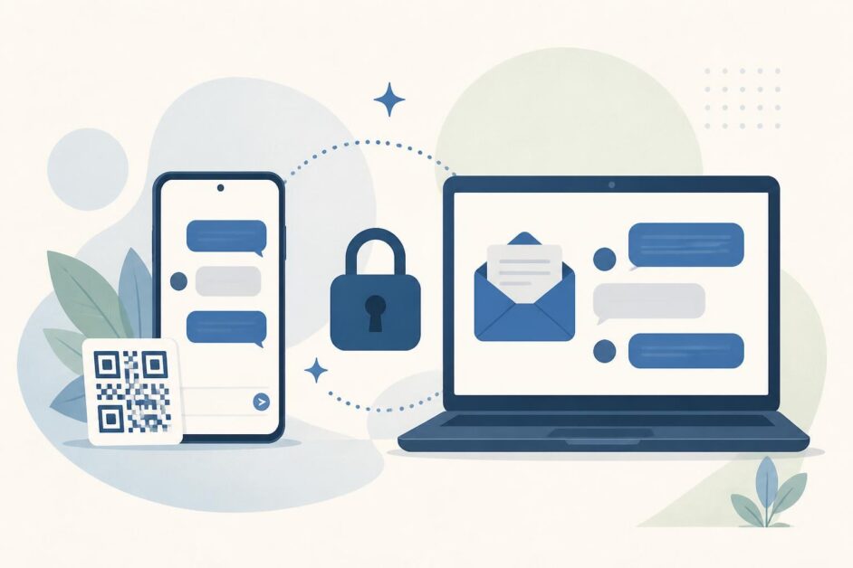Teléfono y computadora conectados mediante mensajes protegidos con un candado y un código QR.
