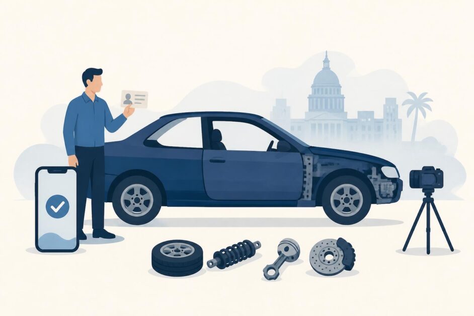 Persona registra un automóvil visto de lado con su documento y un teléfono móvil.